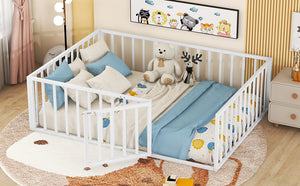 English Elm Full Floor Metal Bed Frame with Decorative Fence and Door for Kids, Elegant Low-Profile Sleep Space White MF307107AAK
