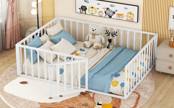 English Elm Full Floor Metal Bed Frame with Decorative Fence and Door for Kids, Elegant Low-Profile Sleep Space White MF307107AAK