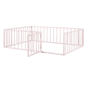 English Elm Full Floor Metal Bed Frame with Decorative Fence and Door for Kids, Elegant Low-Profile Sleep Space Pink MF307107AAH