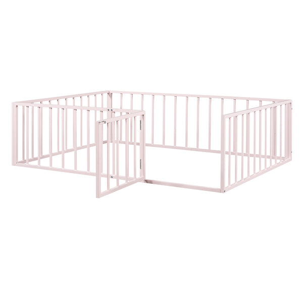 English Elm Full Floor Metal Bed Frame with Decorative Fence and Door for Kids, Elegant Low-Profile Sleep Space Pink MF307107AAH