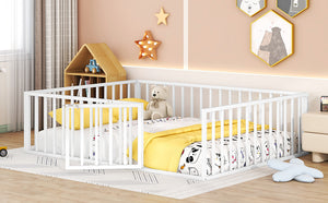 English Elm Queen Metal Floor Bed Frame with Decorative Fence and Door for Kids Rooms, Elegant Safe Design, 82.5"L x 62"W White MF307106AAK