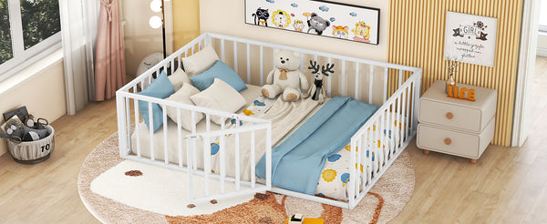 English Elm Full Floor Metal Bed Frame with Decorative Fence and Door for Kids, Elegant Low-Profile Sleep Space White MF307107AAK