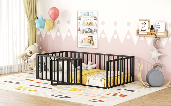 English Elm Twin Metal Floor Bed Frame with Decorative Fence and Little Door for Kids Rooms, Elegant Safe Design Black MF307108AAB