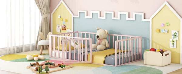 English Elm Twin Metal Floor Bed Frame with Decorative Fence and Little Door for Kids Rooms, Elegant Safe Design Pink MF307108AAH