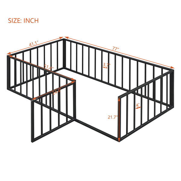 English Elm Twin Metal Floor Bed Frame with Decorative Fence and Little Door for Kids Rooms, Elegant Safe Design Black MF307108AAB