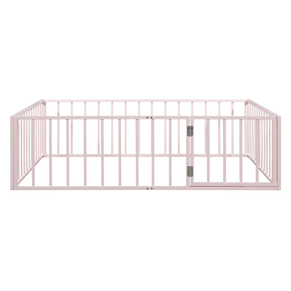 English Elm Full Floor Metal Bed Frame with Decorative Fence and Door for Kids, Elegant Low-Profile Sleep Space Pink MF307107AAH