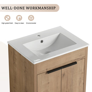 English Elm 24" Freestanding Bathroom Vanity with Ceramic Sink, Soft-Close Doors, Adjustable Shelf, Water-Resistant Finish W999S00099