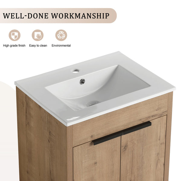 English Elm 24" Freestanding Bathroom Vanity with Ceramic Sink, Soft-Close Doors, Adjustable Shelf, Water-Resistant Finish W999S00099