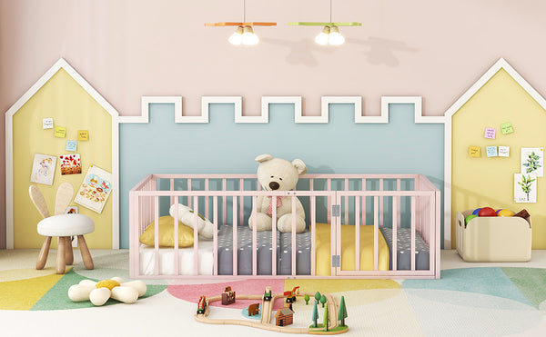 English Elm Twin Metal Floor Bed Frame with Decorative Fence and Little Door for Kids Rooms, Elegant Safe Design Pink MF307108AAH