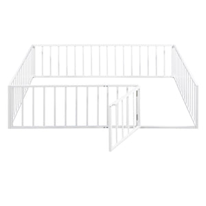 English Elm Queen Metal Floor Bed Frame with Decorative Fence and Door for Kids Rooms, Elegant Safe Design, 82.5"L x 62"W White MF307106AAK