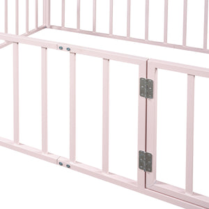 English Elm Full Floor Metal Bed Frame with Decorative Fence and Door for Kids, Elegant Low-Profile Sleep Space Pink MF307107AAH