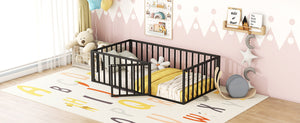 English Elm Twin Metal Floor Bed Frame with Decorative Fence and Little Door for Kids Rooms, Elegant Safe Design Black MF307108AAB