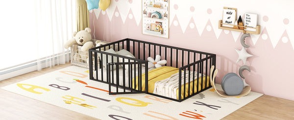 English Elm Twin Metal Floor Bed Frame with Decorative Fence and Little Door for Kids Rooms, Elegant Safe Design Black MF307108AAB