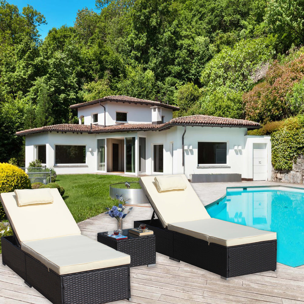 English Elm 3-Piece Outdoor Rattan Patio Furniture Set With Adjustable Chaise Lounges & Glass Coffee Table W209S00016