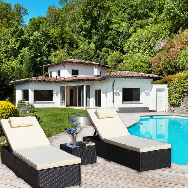 English Elm 3-Piece Outdoor Rattan Patio Furniture Set With Adjustable Chaise Lounges & Glass Coffee Table W209S00016