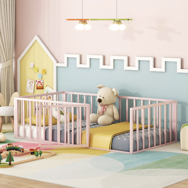 English Elm Twin Metal Floor Bed Frame with Decorative Fence and Little Door for Kids Rooms, Elegant Safe Design Pink MF307108AAH