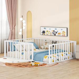 English Elm Full Floor Metal Bed Frame with Decorative Fence and Door for Kids, Elegant Low-Profile Sleep Space White MF307107AAK