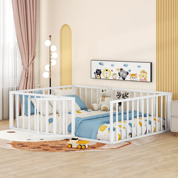 English Elm Full Floor Metal Bed Frame with Decorative Fence and Door for Kids, Elegant Low-Profile Sleep Space White MF307107AAK