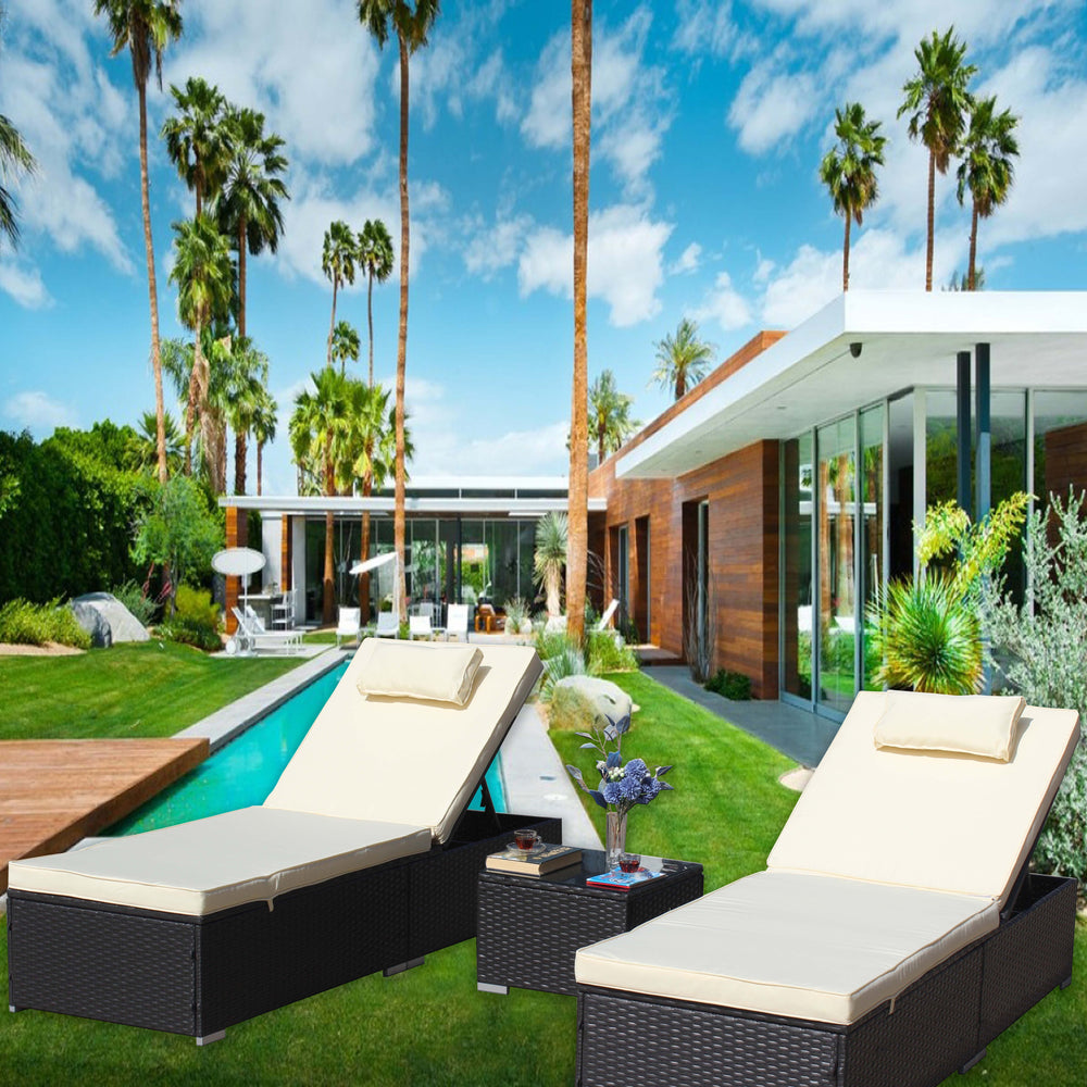 English Elm 3-Piece Outdoor Rattan Patio Furniture Set With Adjustable Chaise Lounges & Glass Coffee Table W209S00016