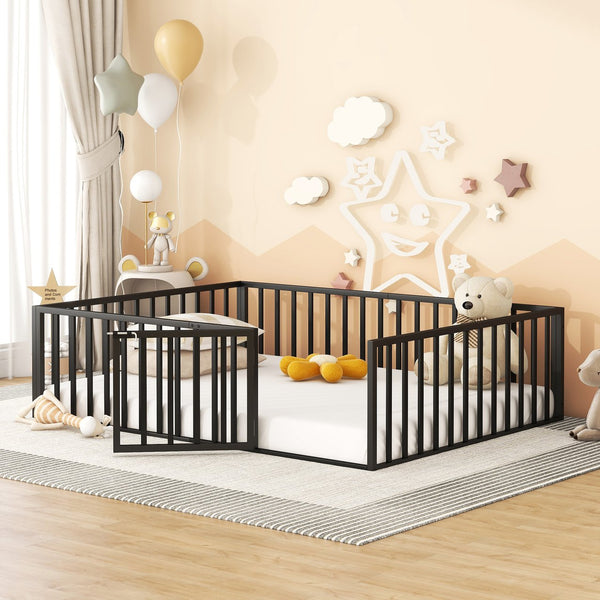 English Elm Queen Metal Floor Bed Frame with Decorative Fence and Door for Kids Rooms, Elegant Safe Design, 82.5"L x 62"W Black MF307106AAB