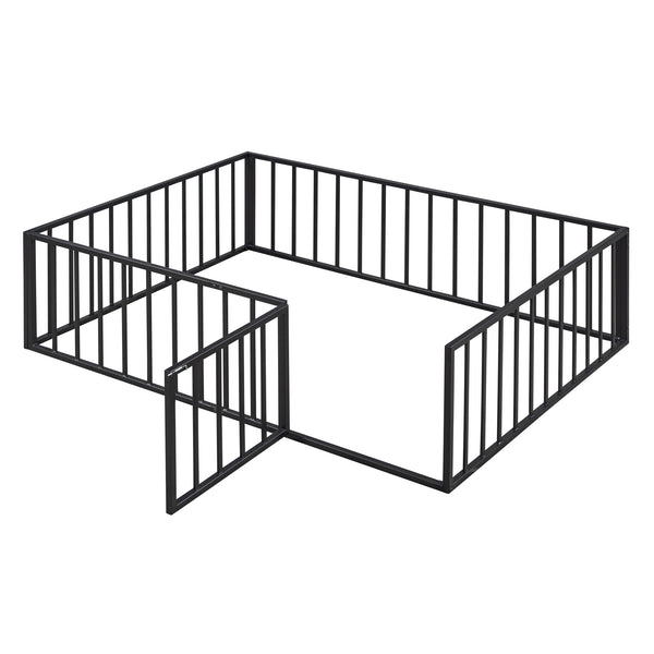 English Elm Full Floor Metal Bed Frame with Decorative Fence and Door for Kids, Elegant Low-Profile Sleep Space Black MF307107AAB