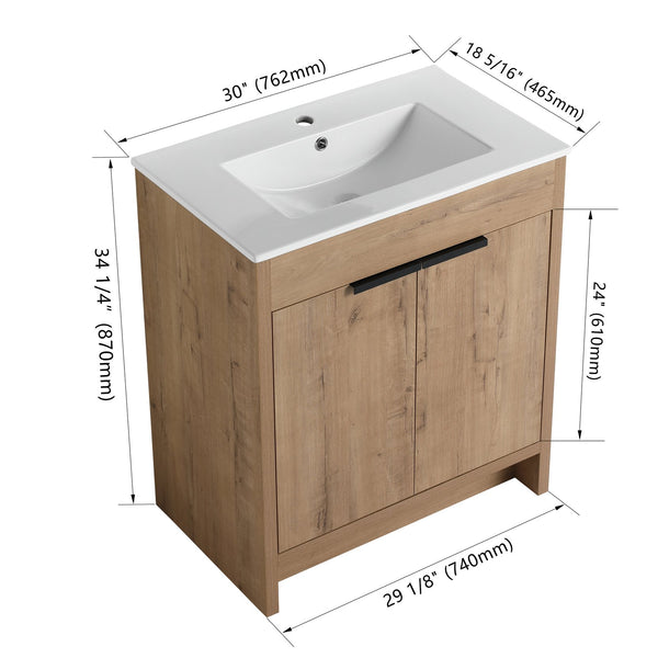 English Elm 30" Freestanding Bathroom Vanity With White Ceramic Sink, Soft-Close Doors & Adjustable Storage Shelf W999S00100
