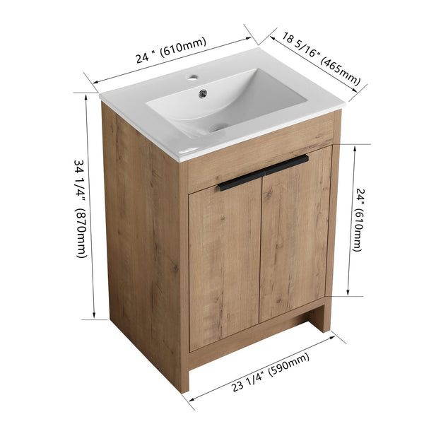 English Elm 24" Freestanding Bathroom Vanity with Ceramic Sink, Soft-Close Doors, Adjustable Shelf, Water-Resistant Finish W999S00099