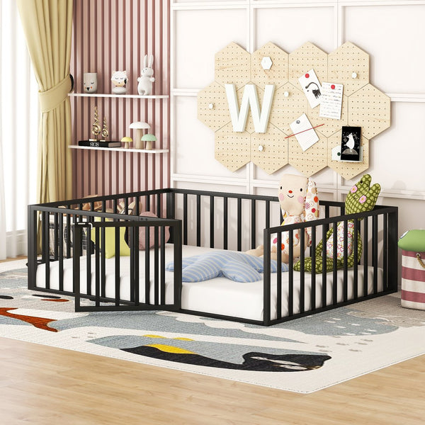 English Elm Full Floor Metal Bed Frame with Decorative Fence and Door for Kids, Elegant Low-Profile Sleep Space Black MF307107AAB