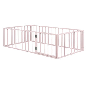 English Elm Twin Metal Floor Bed Frame with Decorative Fence and Little Door for Kids Rooms, Elegant Safe Design Pink MF307108AAH