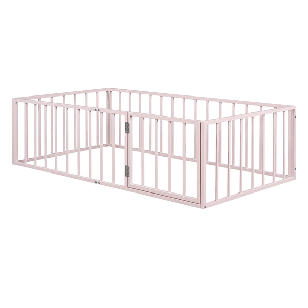 English Elm Twin Metal Floor Bed Frame with Decorative Fence and Little Door for Kids Rooms, Elegant Safe Design Pink MF307108AAH