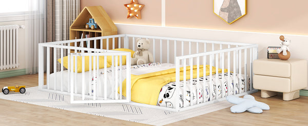 English Elm Queen Metal Floor Bed Frame with Decorative Fence and Door for Kids Rooms, Elegant Safe Design, 82.5"L x 62"W White MF307106AAK