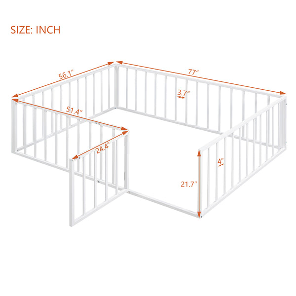 English Elm Full Floor Metal Bed Frame with Decorative Fence and Door for Kids, Elegant Low-Profile Sleep Space White MF307107AAK