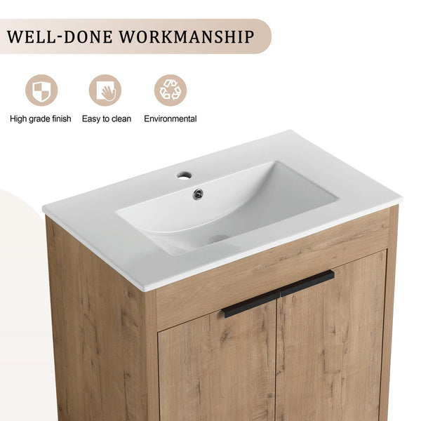English Elm 30" Freestanding Bathroom Vanity With White Ceramic Sink, Soft-Close Doors & Adjustable Storage Shelf W999S00100