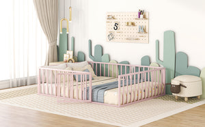 English Elm Queen Metal Floor Bed Frame with Decorative Fence and Door for Kids Rooms, Elegant Safe Design, 82.5"L x 62"W Pink MF307106AAH
