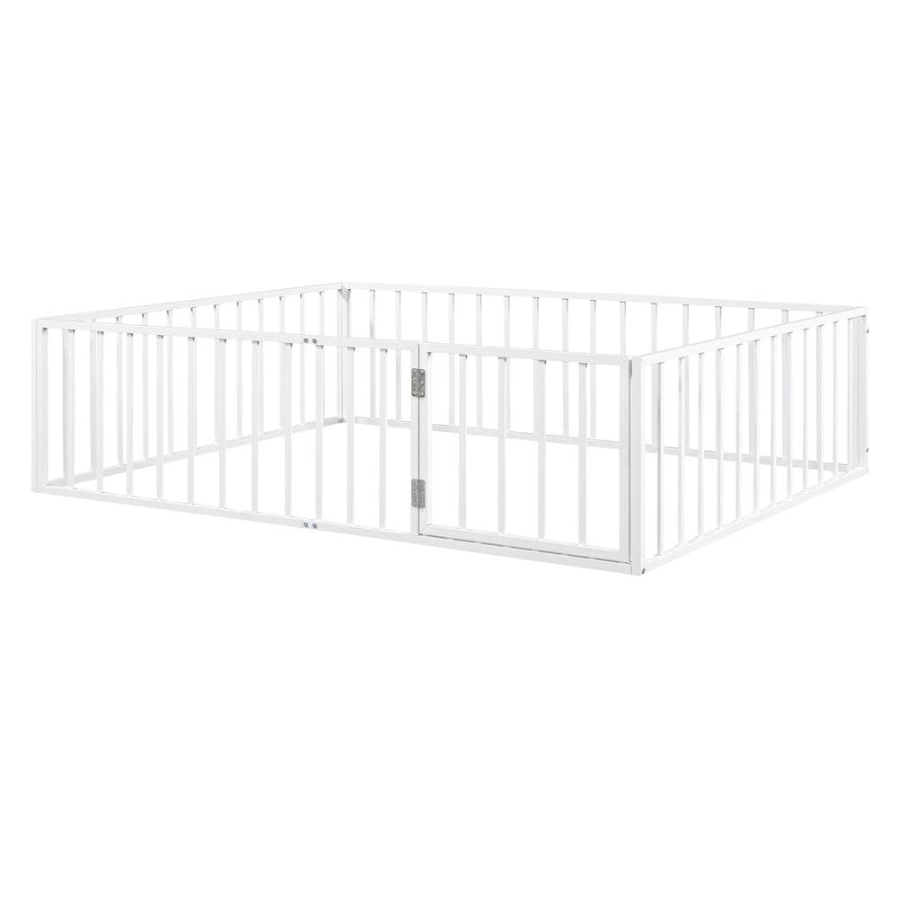 English Elm Queen Metal Floor Bed Frame with Decorative Fence and Door for Kids Rooms, Elegant Safe Design, 82.5"L x 62"W White MF307106AAK
