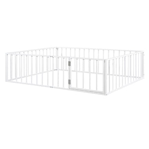 English Elm Queen Metal Floor Bed Frame with Decorative Fence and Door for Kids Rooms, Elegant Safe Design, 82.5"L x 62"W White MF307106AAK