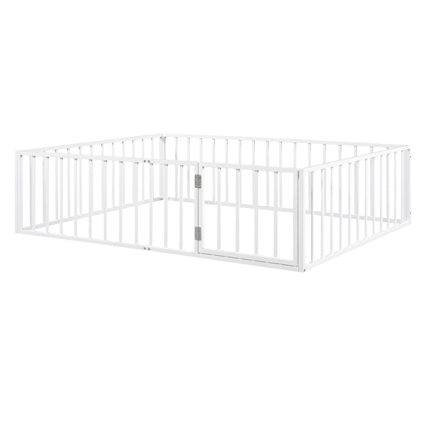 English Elm Queen Metal Floor Bed Frame with Decorative Fence and Door for Kids Rooms, Elegant Safe Design, 82.5"L x 62"W White MF307106AAK