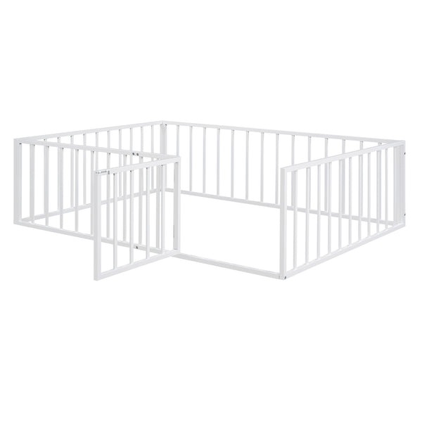 English Elm Full Floor Metal Bed Frame with Decorative Fence and Door for Kids, Elegant Low-Profile Sleep Space White MF307107AAK