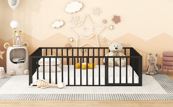 English Elm Queen Metal Floor Bed Frame with Decorative Fence and Door for Kids Rooms, Elegant Safe Design, 82.5"L x 62"W Black MF307106AAB