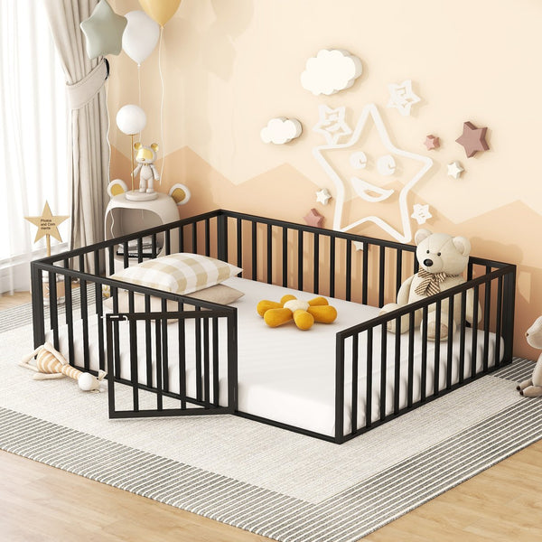 English Elm Queen Metal Floor Bed Frame with Decorative Fence and Door for Kids Rooms, Elegant Safe Design, 82.5"L x 62"W Black MF307106AAB