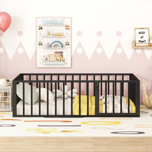 English Elm Twin Metal Floor Bed Frame with Decorative Fence and Little Door for Kids Rooms, Elegant Safe Design Black MF307108AAB