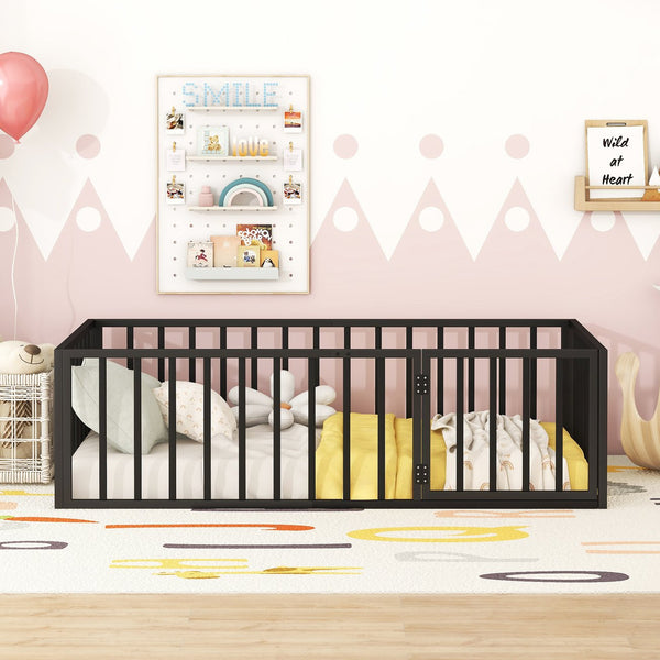 English Elm Twin Metal Floor Bed Frame with Decorative Fence and Little Door for Kids Rooms, Elegant Safe Design Black MF307108AAB