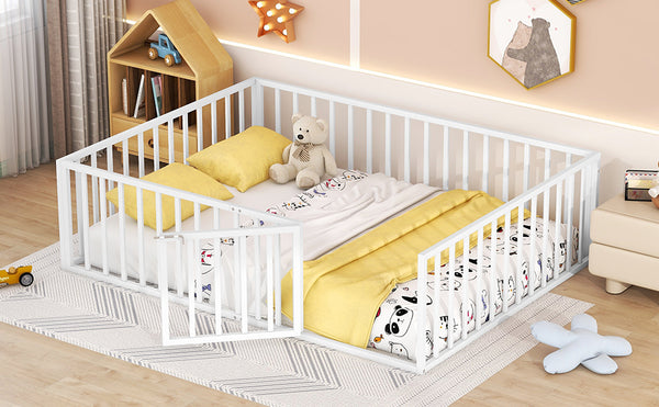 English Elm Queen Metal Floor Bed Frame with Decorative Fence and Door for Kids Rooms, Elegant Safe Design, 82.5"L x 62"W White MF307106AAK