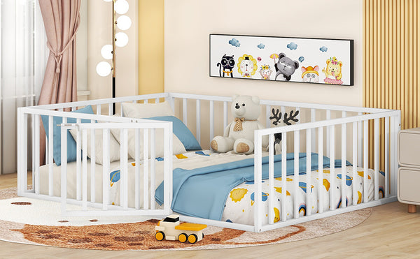 English Elm Full Floor Metal Bed Frame with Decorative Fence and Door for Kids, Elegant Low-Profile Sleep Space White MF307107AAK