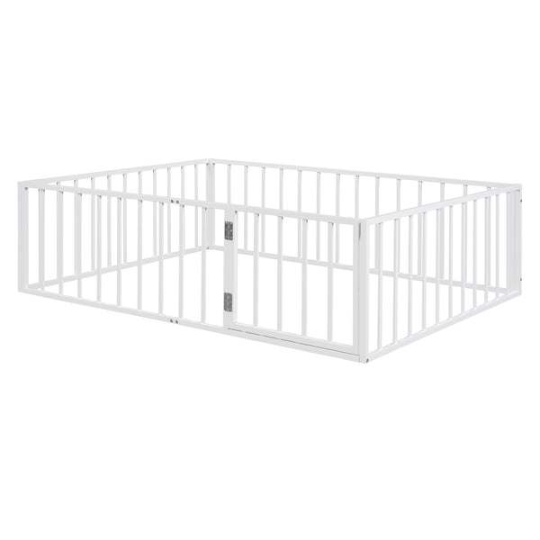 English Elm Full Floor Metal Bed Frame with Decorative Fence and Door for Kids, Elegant Low-Profile Sleep Space White MF307107AAK