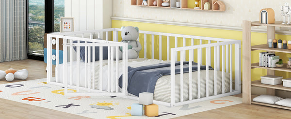 English Elm Twin Metal Floor Bed Frame with Decorative Fence and Little Door for Kids Rooms, Elegant Safe Design White MF307108AAK