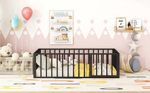 English Elm Twin Metal Floor Bed Frame with Decorative Fence and Little Door for Kids Rooms, Elegant Safe Design Black MF307108AAB