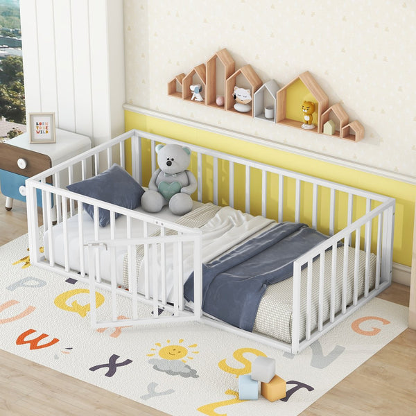 English Elm Twin Metal Floor Bed Frame with Decorative Fence and Little Door for Kids Rooms, Elegant Safe Design White MF307108AAK