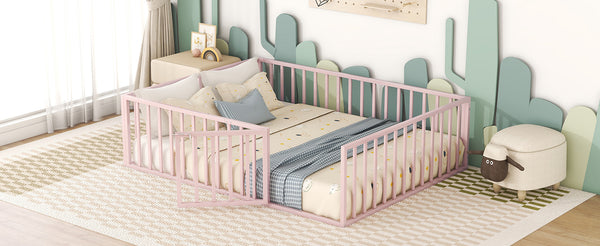 English Elm Queen Metal Floor Bed Frame with Decorative Fence and Door for Kids Rooms, Elegant Safe Design, 82.5"L x 62"W Pink MF307106AAH