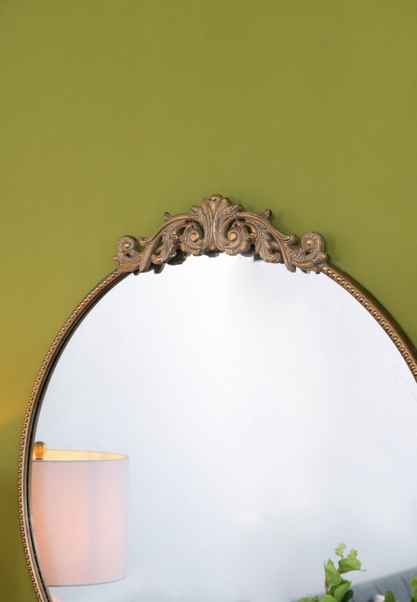 English Elm 36" Round Baroque Iron Frame Wall Mirror Matte Sculptural Relief Entryway Accent Gold W2078124102